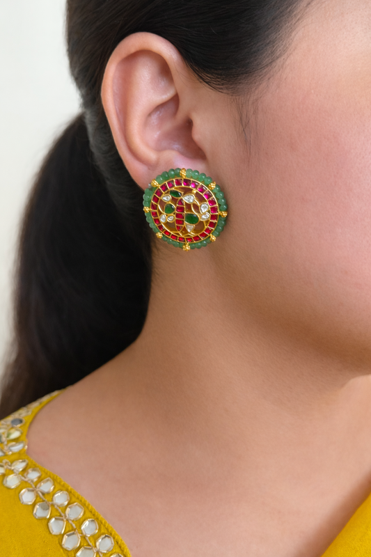 Pink Green Floral Kundan Stud Earrings