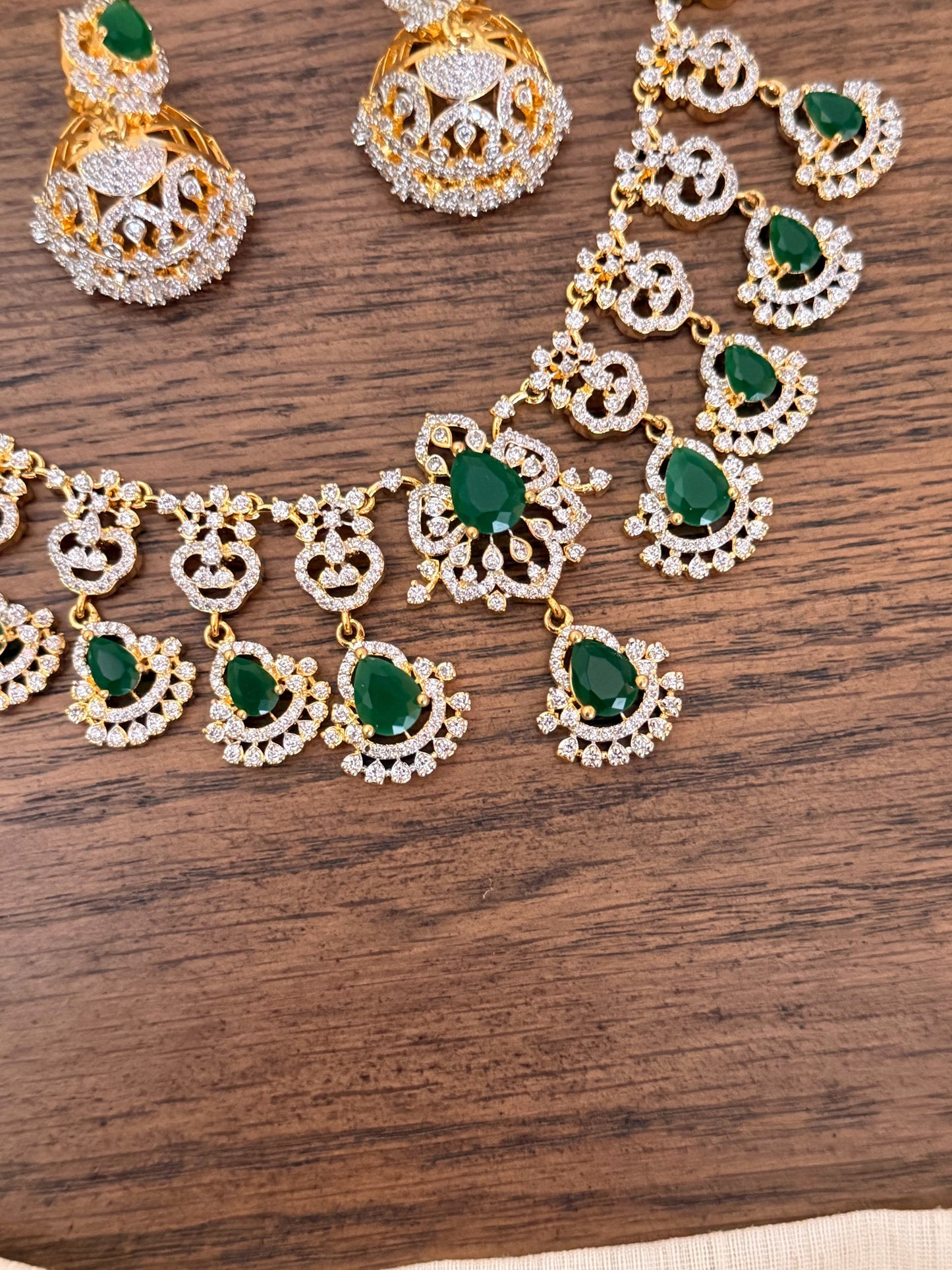 Ornate Emerald & CZ Diamond Necklace Set with Traditional Jhumka Earrings