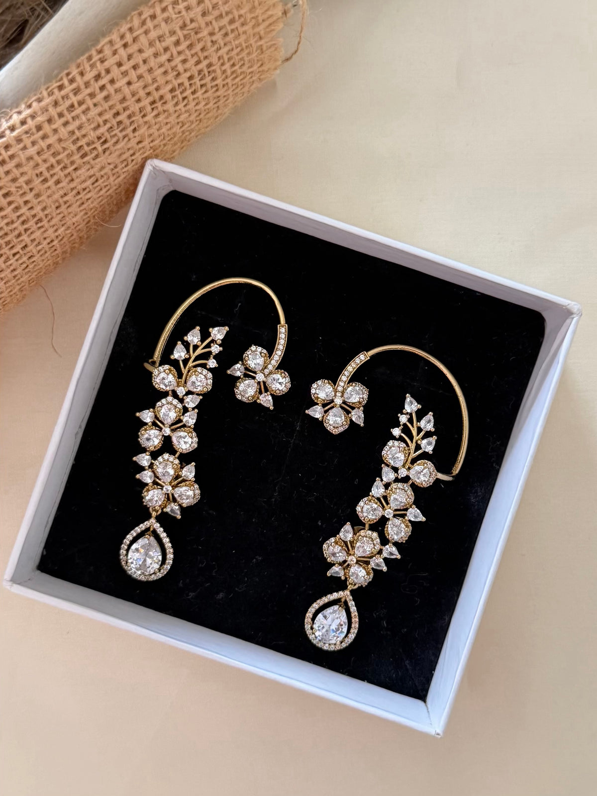 Floral Vine Ear Cuff Earrings with CZ Stones and Teardrop Drop