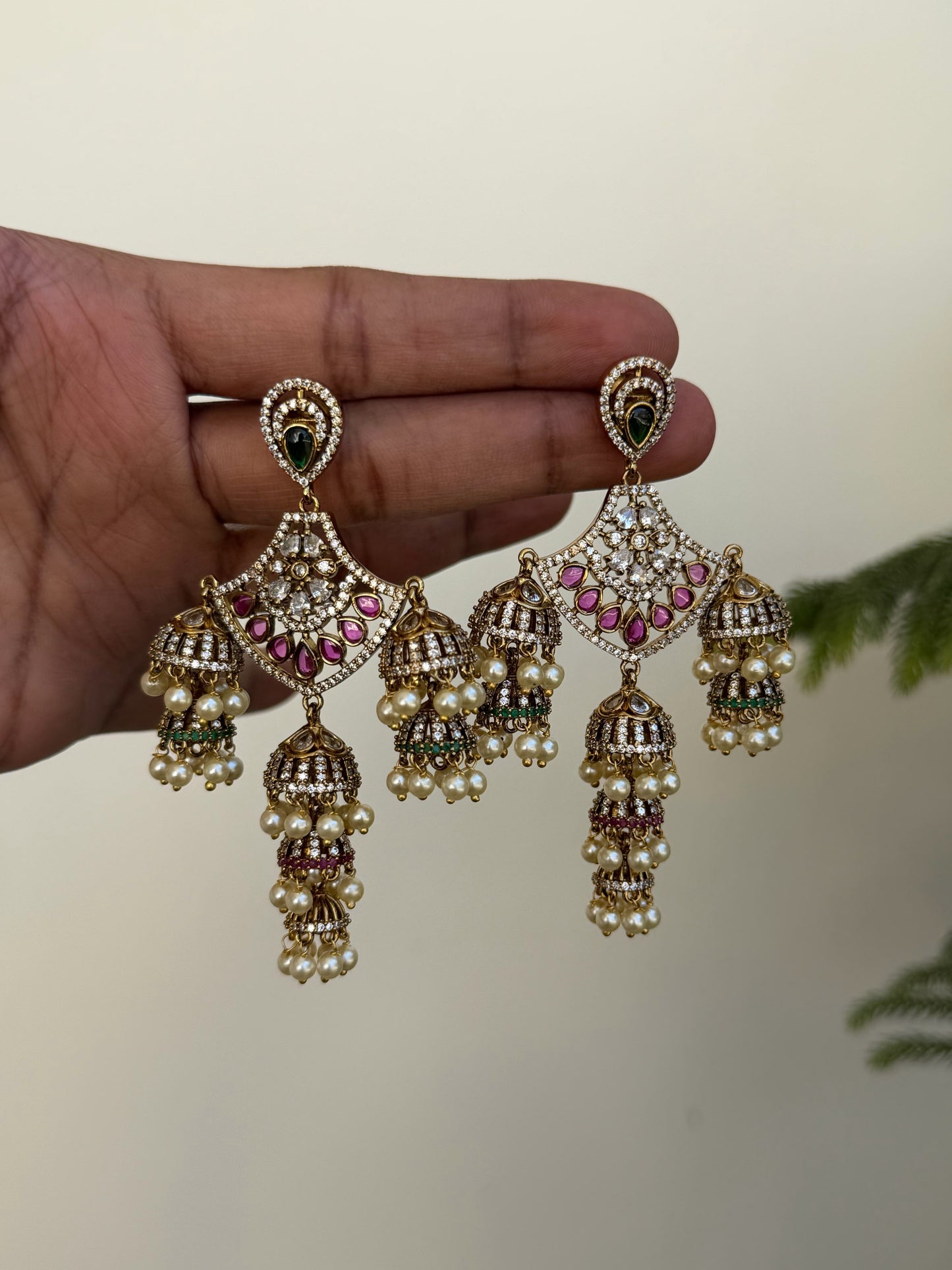 Grand Multi-Jhumka Chandelier Earrings with Rubies & Emeralds