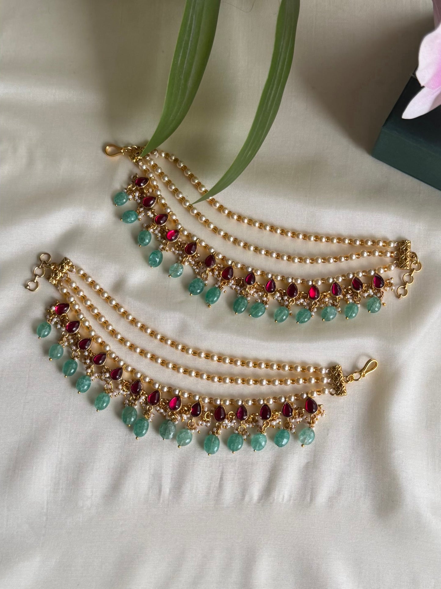 Jadau Kundan Pearl Bead Ear chains