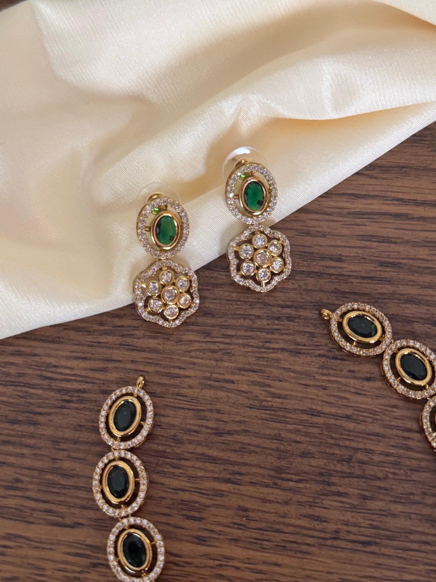 Premium Emerald Oval Stone Choker with CZ Floral Pendant