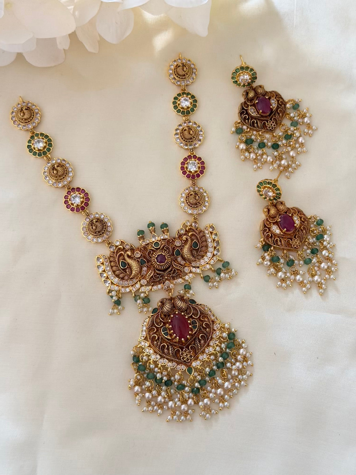 Nakshi Peacock Long Necklace Set with Ruby Centre Pendant, Pearl Drops and Earrings