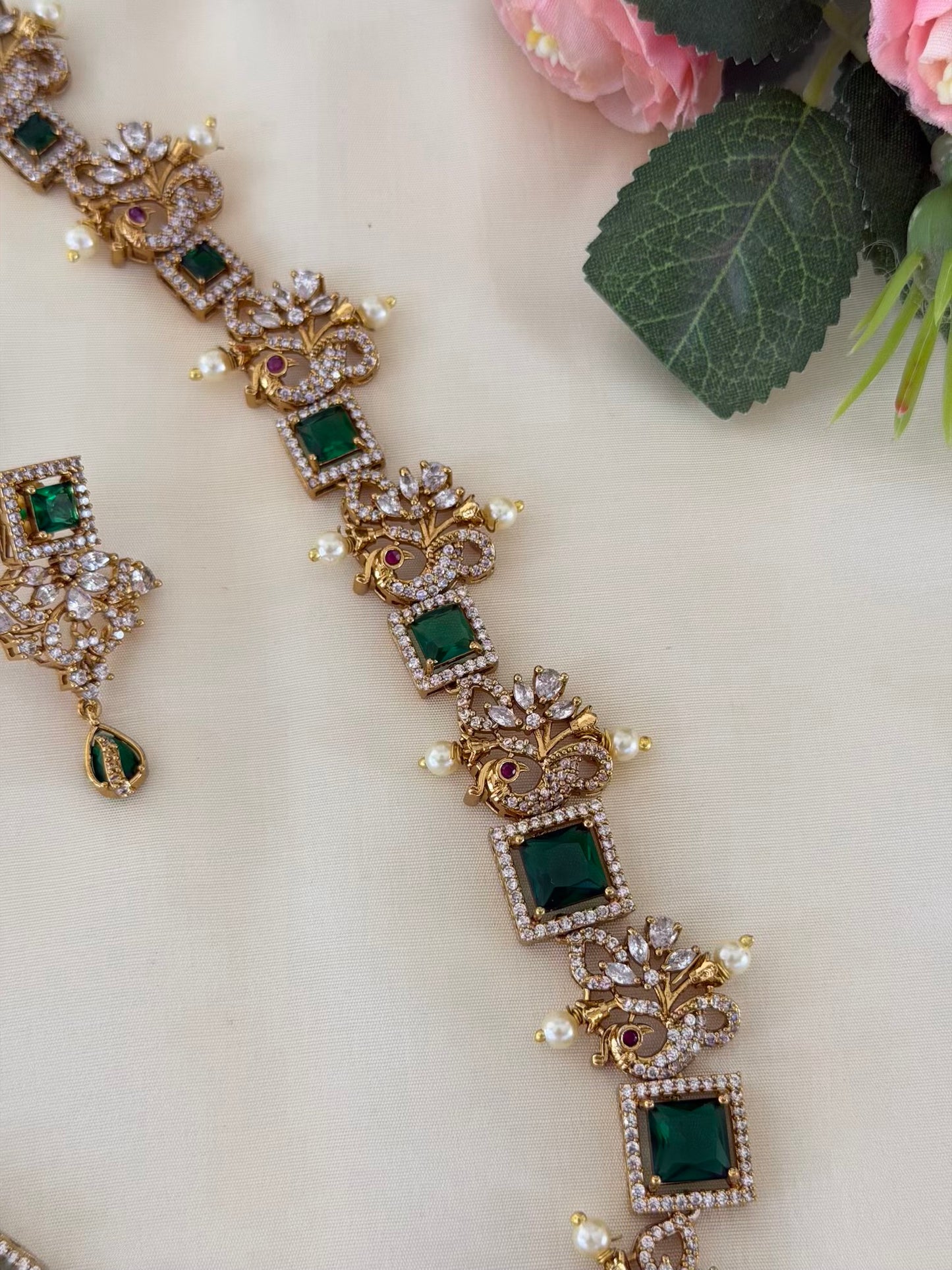 Emerald Green CZ Floral Peacock Haram Set
