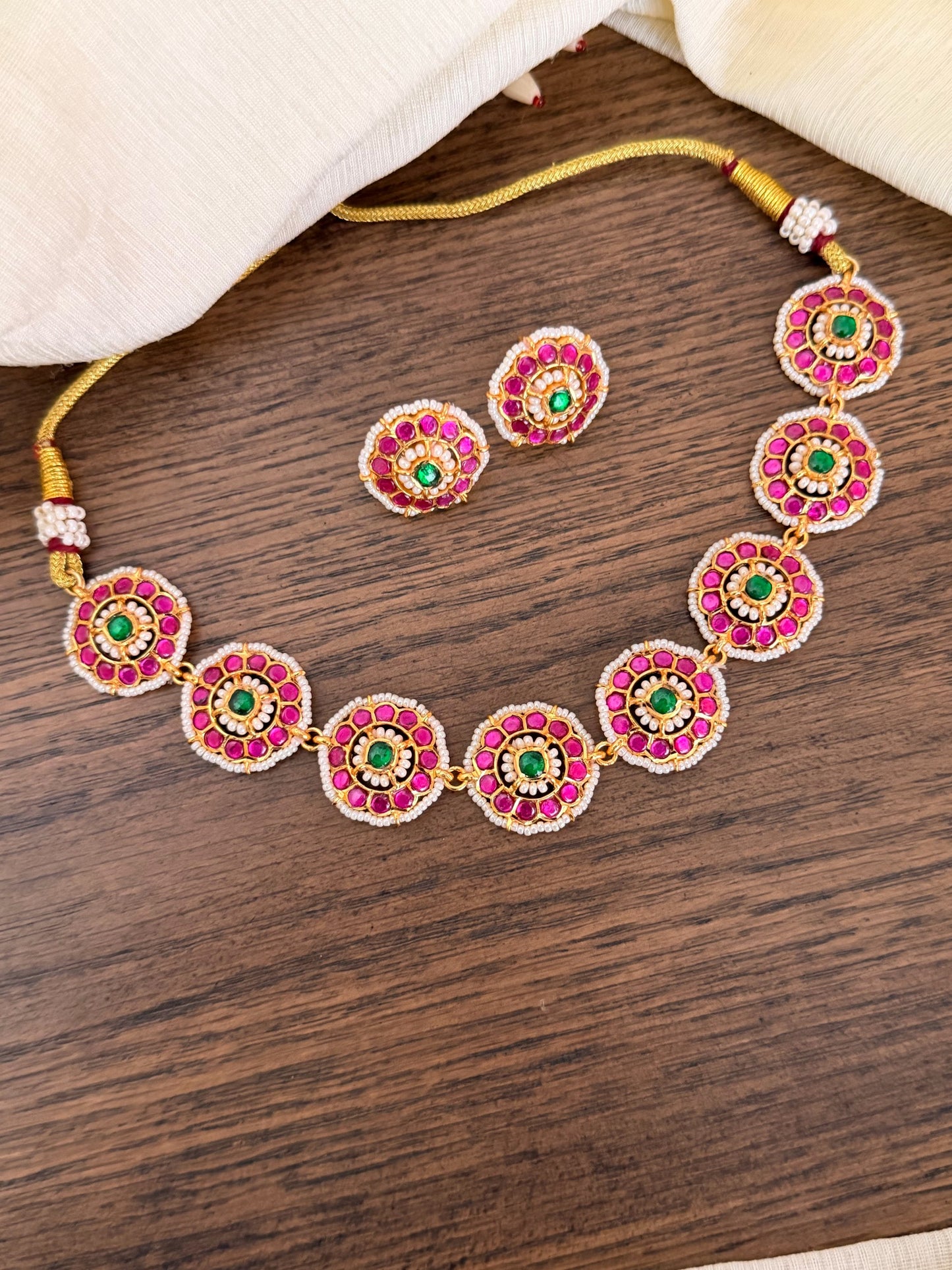 Jadau Kundan Necklace Set with Intricate Micro-Pearl Border & Floral Medallions