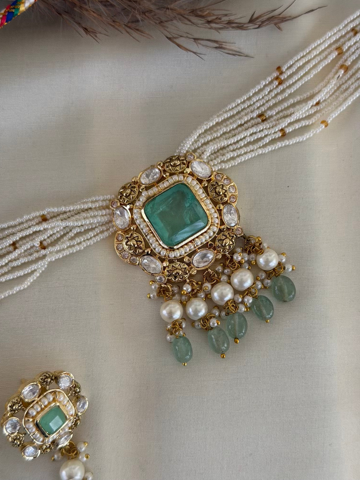 Kundan Emerald Floral Necklace Set with Stud Earrings