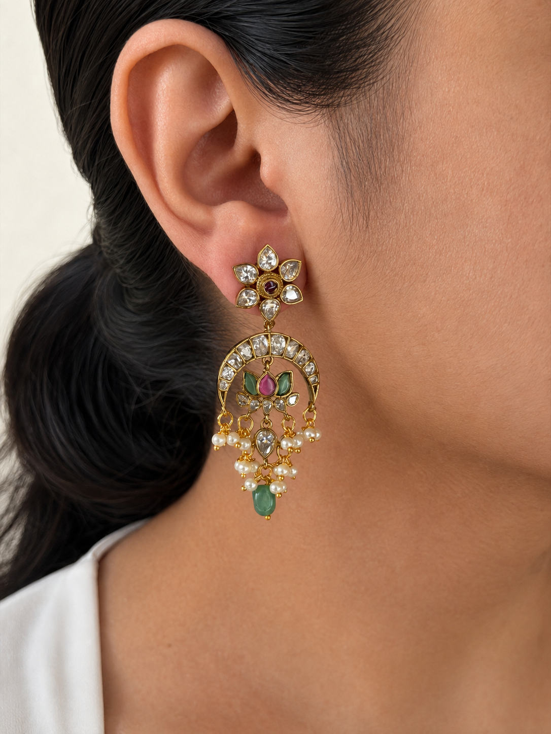 Lotus Chandbali Earrings with Emerald Green Beads & Pearls