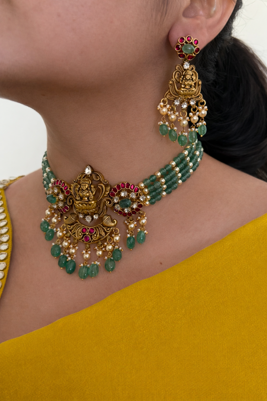 Lakshmi Emerald Bead Choker Necklace Set