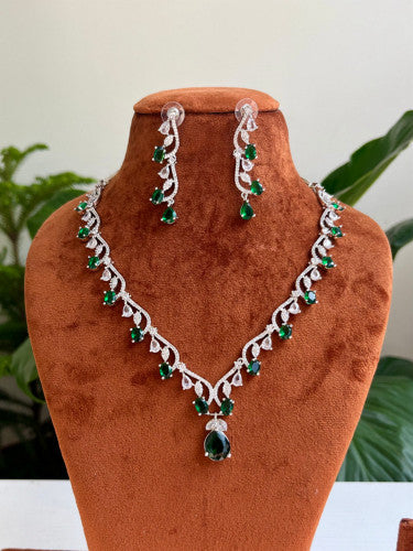 AD Necklace Set - Green in Silver color base