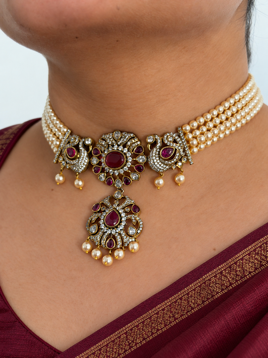 Victorian Peacock Pearl Choker Set with Ruby Stones and Pearl Drop Earrings