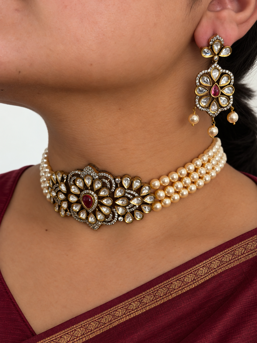 Victorian Kundan-Style Pearl Choker Set with Ruby Centre Stone and Floral Earrings