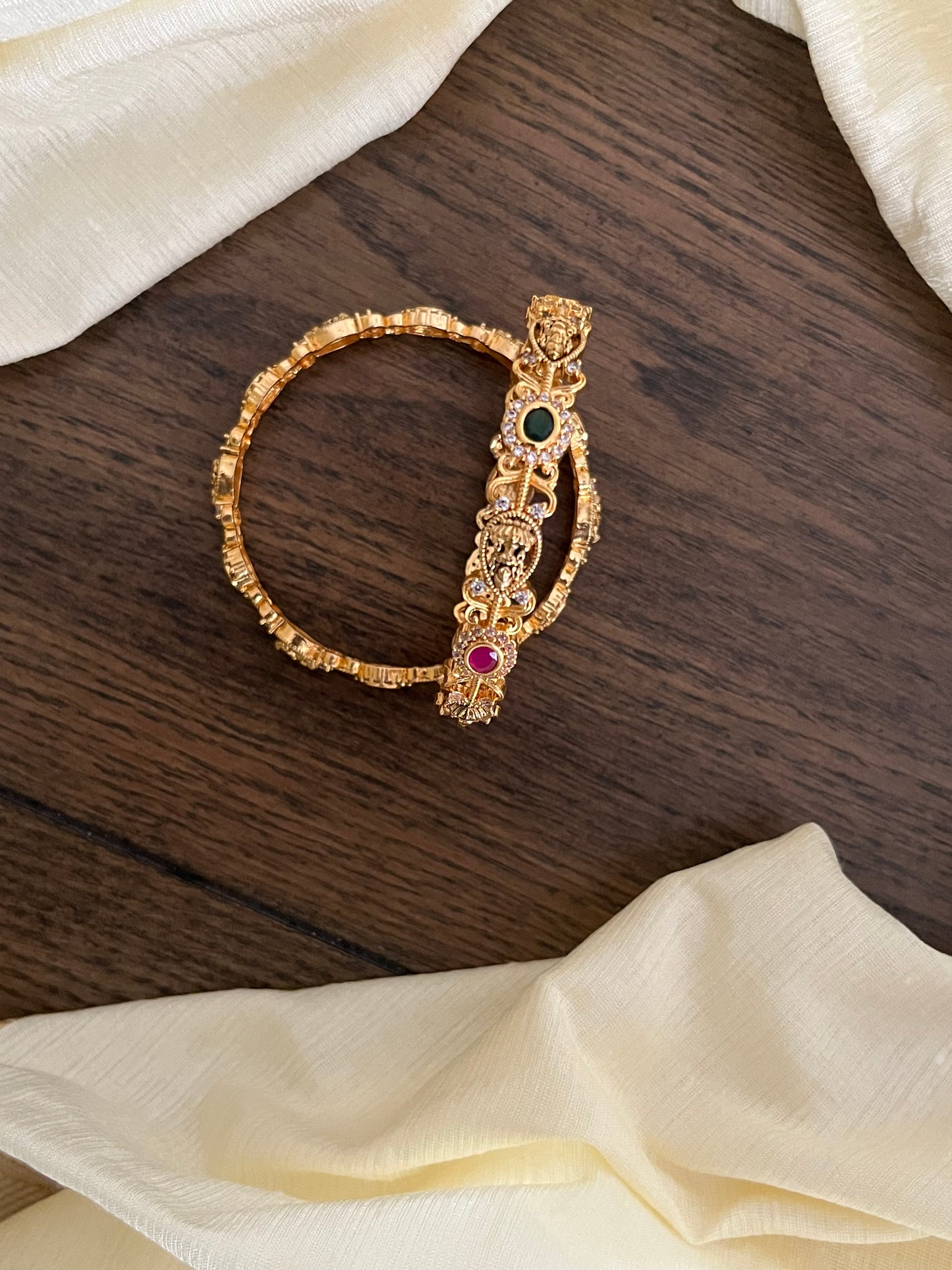 Antique Gold-Finish AD Stone Bangles Set | Temple Design