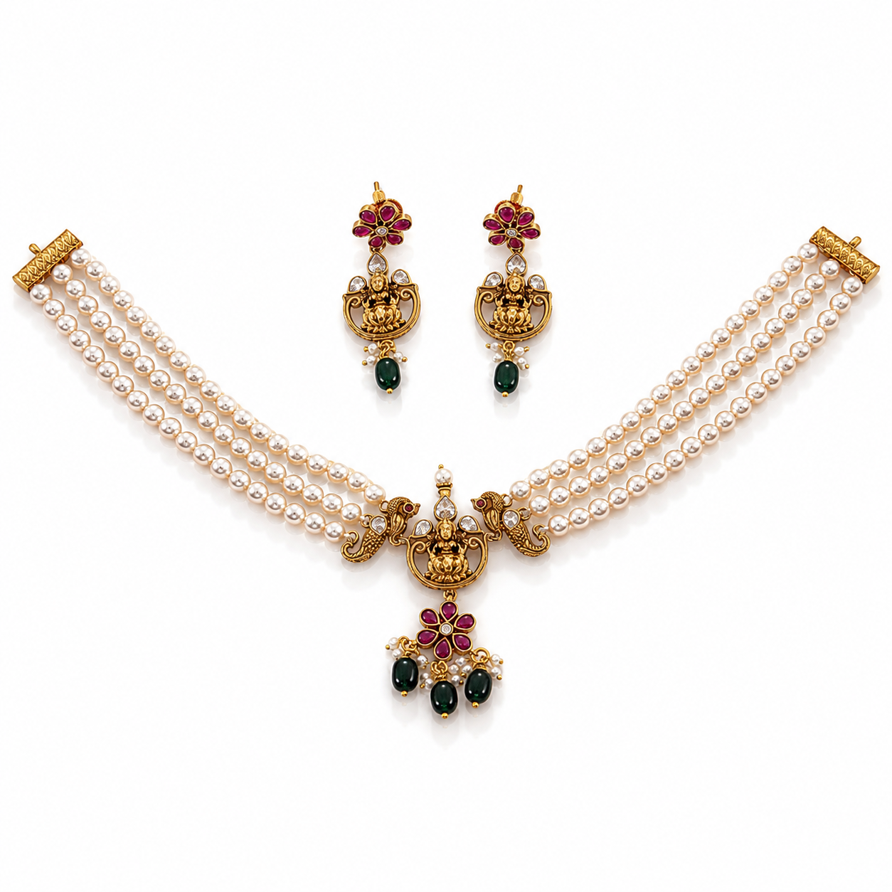 Triple Strand Pearl Peacock Lakshmi Necklace Set with Matching Earrings