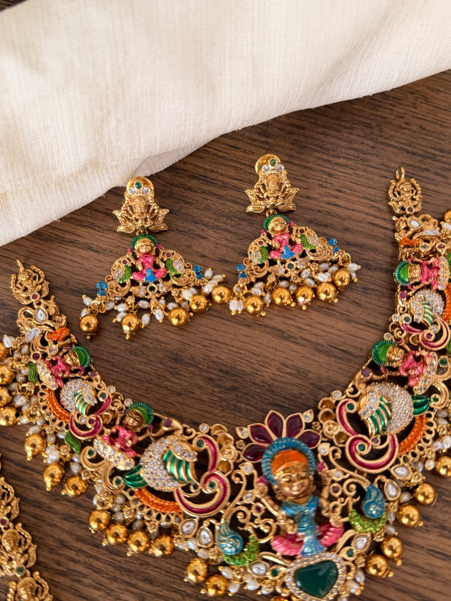Hand painted Nakshi Temple Jewellery Set with Antique Gold Finish