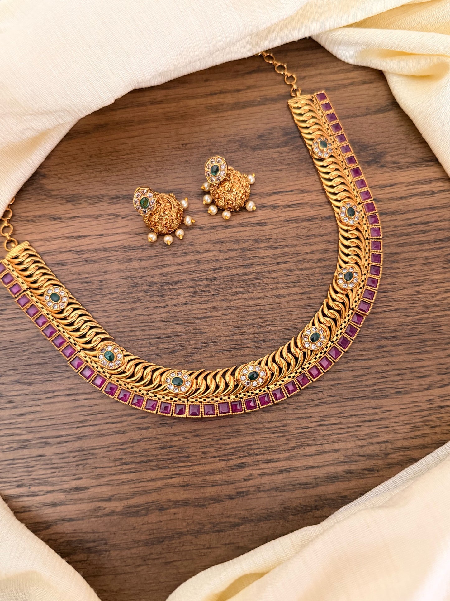 Traditional Jalebi Design Antique Gold Necklace Set with Ruby & Emerald Stones