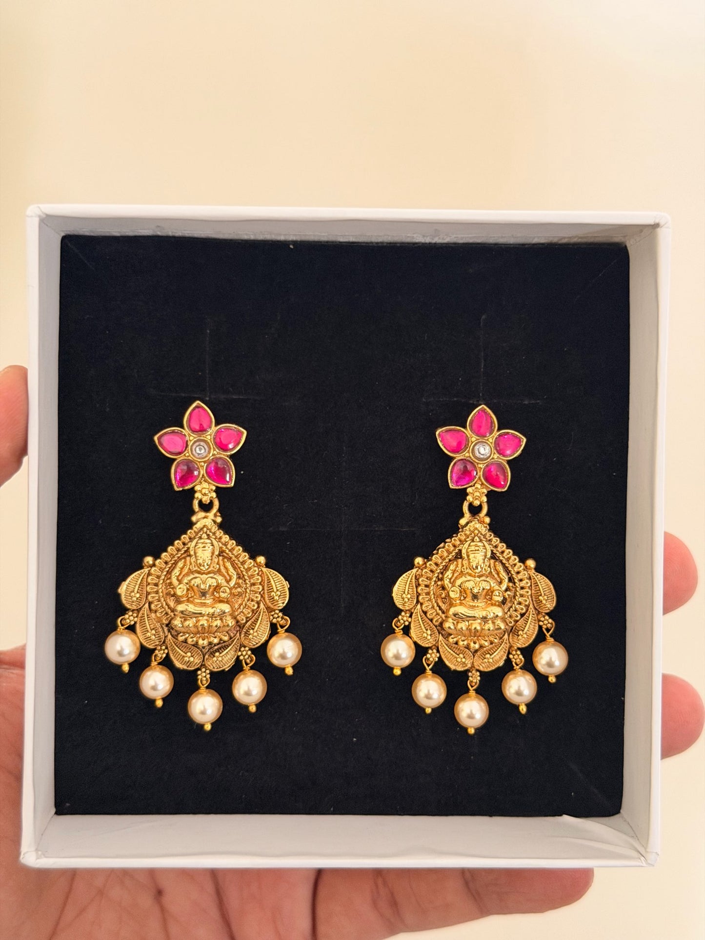 Gold Pink Stone Chandelier Drop Earrings
