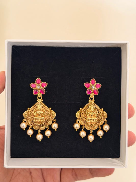 Gold Pink Stone Chandelier Drop Earrings