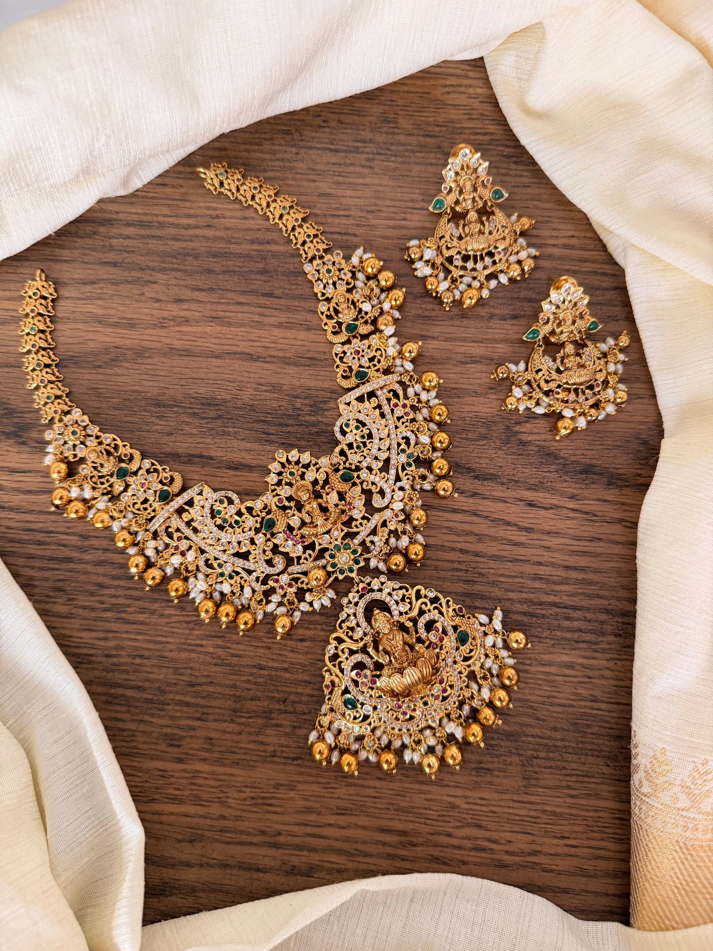 Bridal Lakshmi Devi Nakshi Necklace Set in Antique Gold Finish