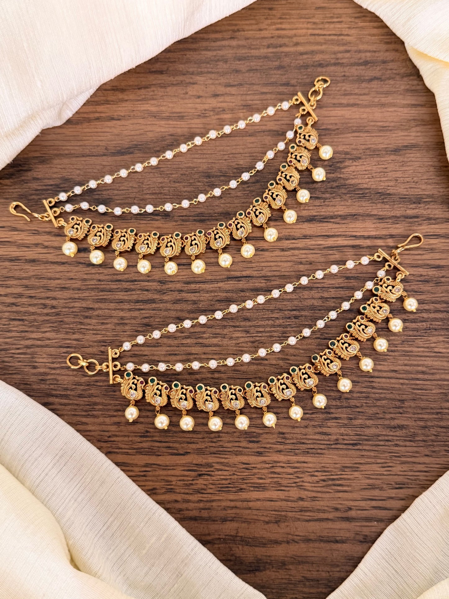 Temple Pearl Champa Swaralu (Ear Chain) with Antique Gold Finish