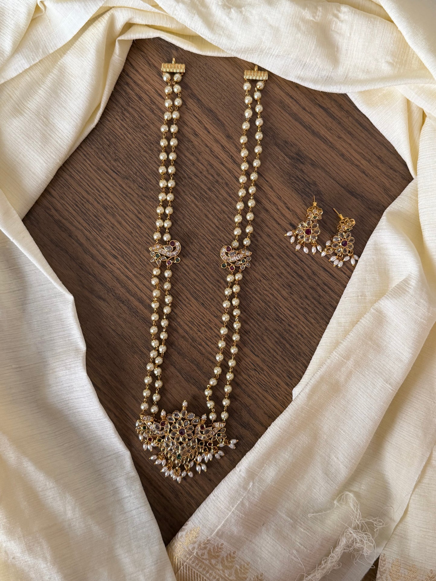 Traditional Kemp and Pearl Long Haram Necklace Set