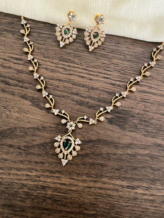 Sleek Green AD Necklace – Leaf Motifs – With Earrings