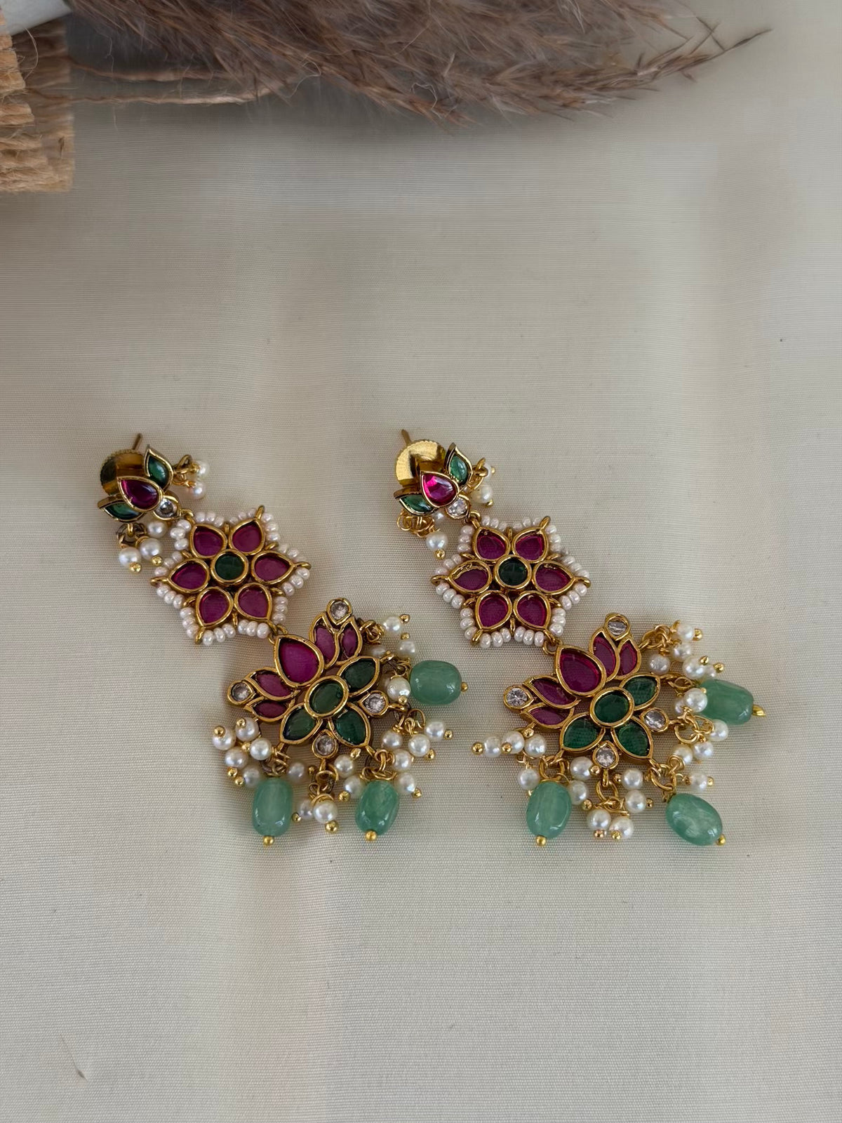 Ruby Emerald Floral Tiered Dangler Earrings with Bead Drops