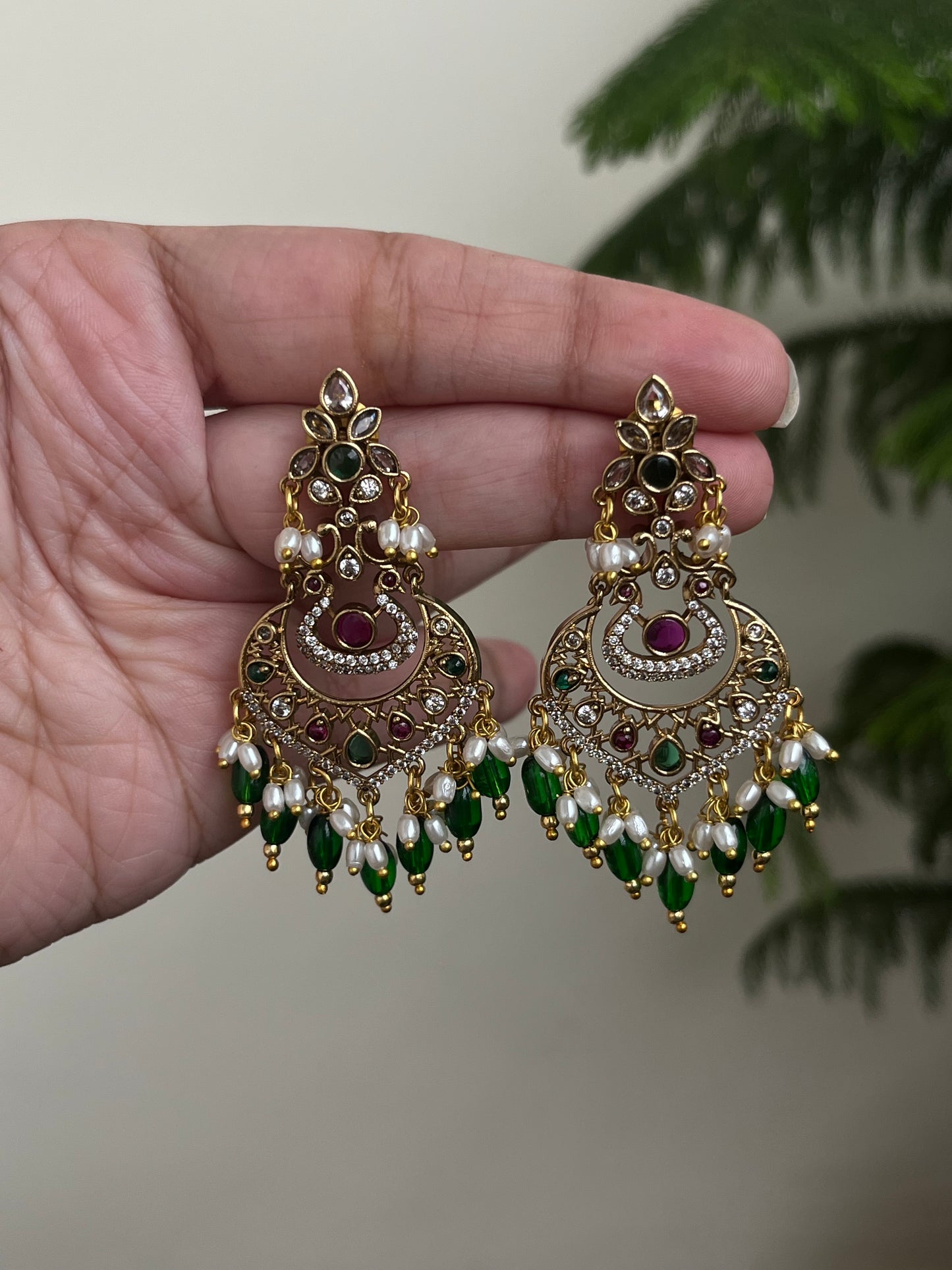 Peacock Chaandbali Earrings with Green Beads