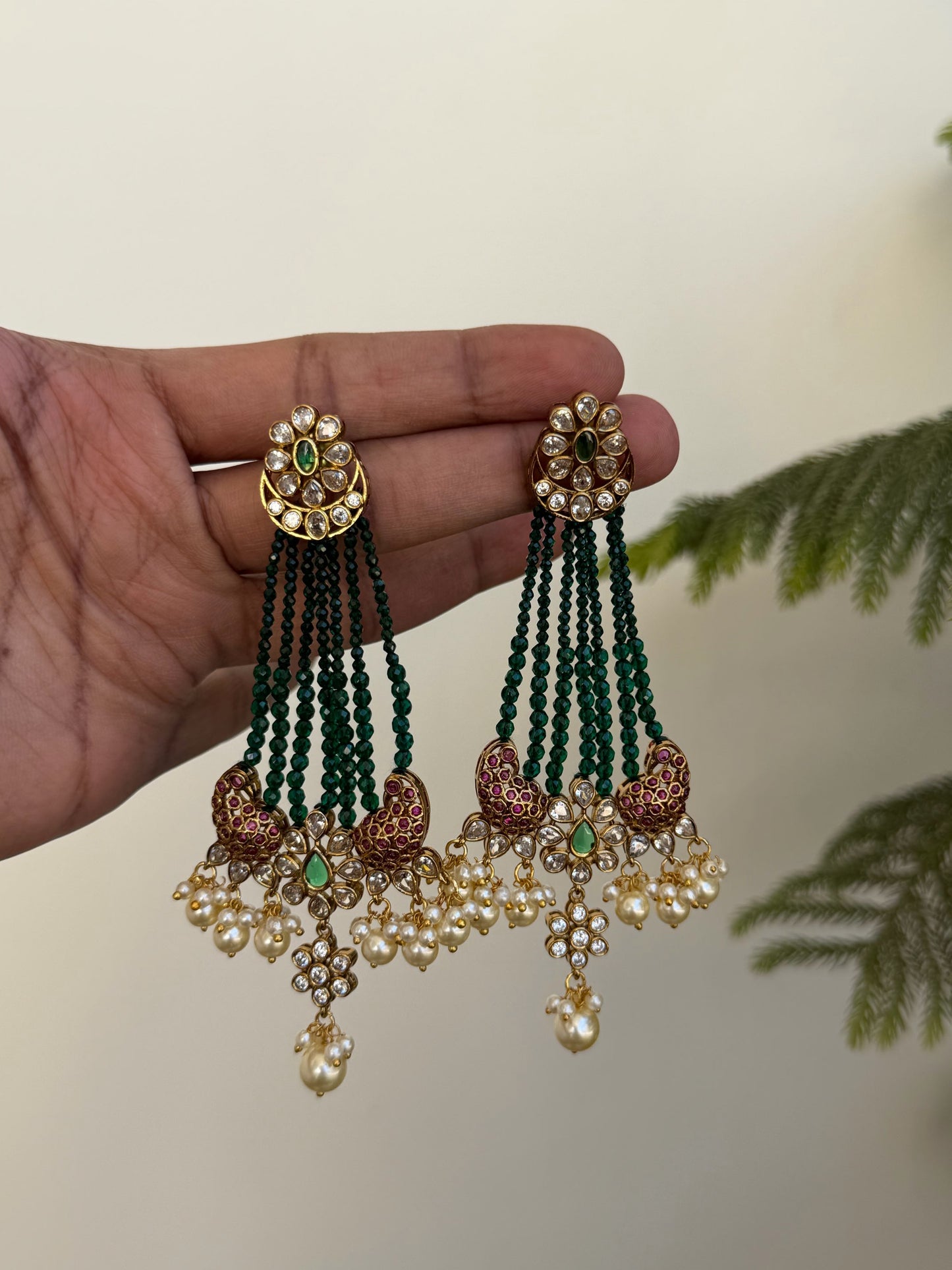 Long Emerald Green Bead Tiered Earrings with Peacock Motif and Pearl Drops