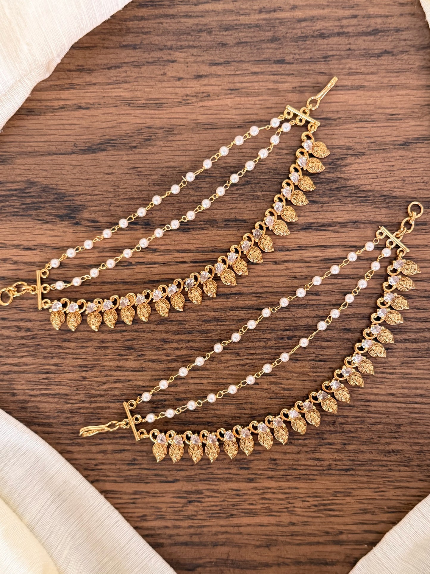 Mango Leaf Lakshmi Devi Ear Chain with Pearls, Ruby & Green Stones