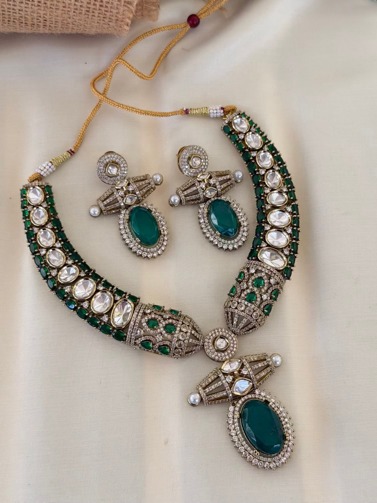 Kundan Emerald Collar Necklace Set with Drop Earrings