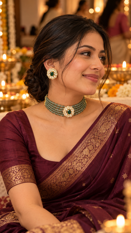 Moissanite Floral Choker Necklace Set with Green Strawberry Beads