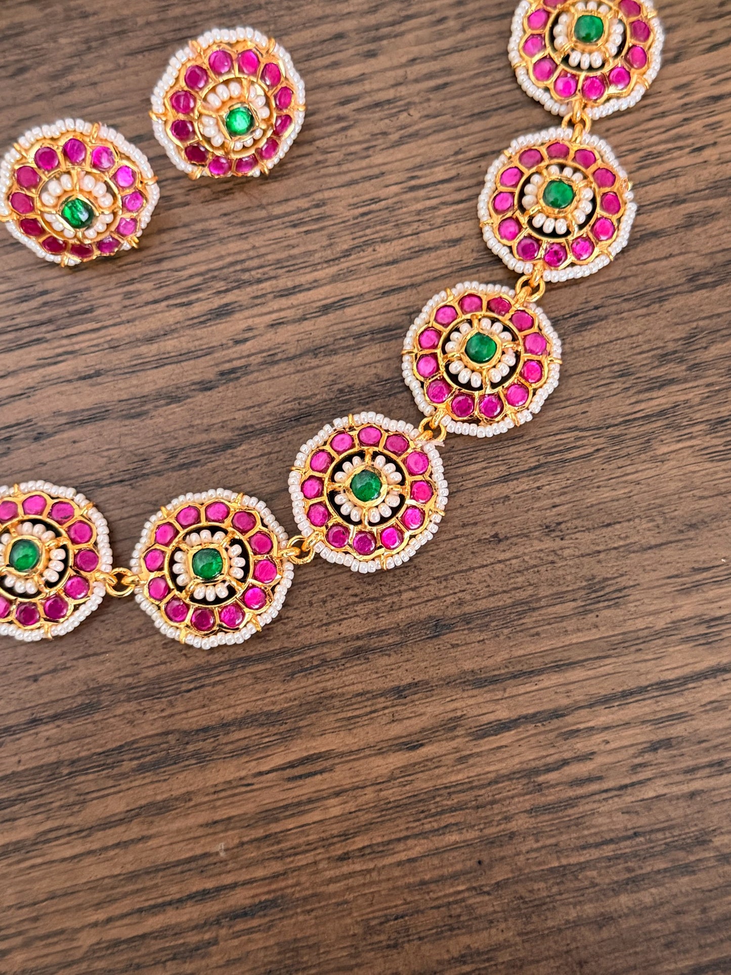 Jadau Kundan Necklace Set with Intricate Micro-Pearl Border & Floral Medallions