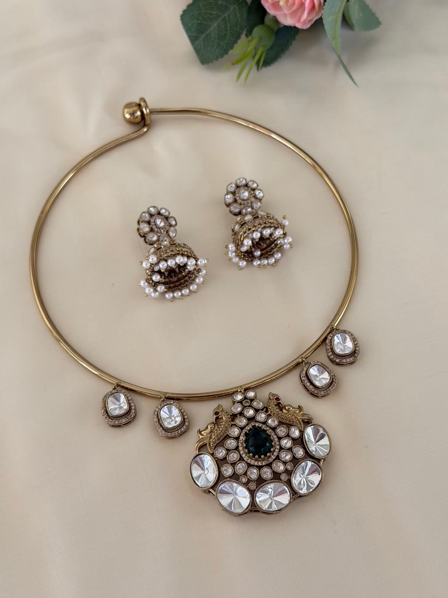 Kundan Peacock Hasli Necklace Set with Matching Earrings