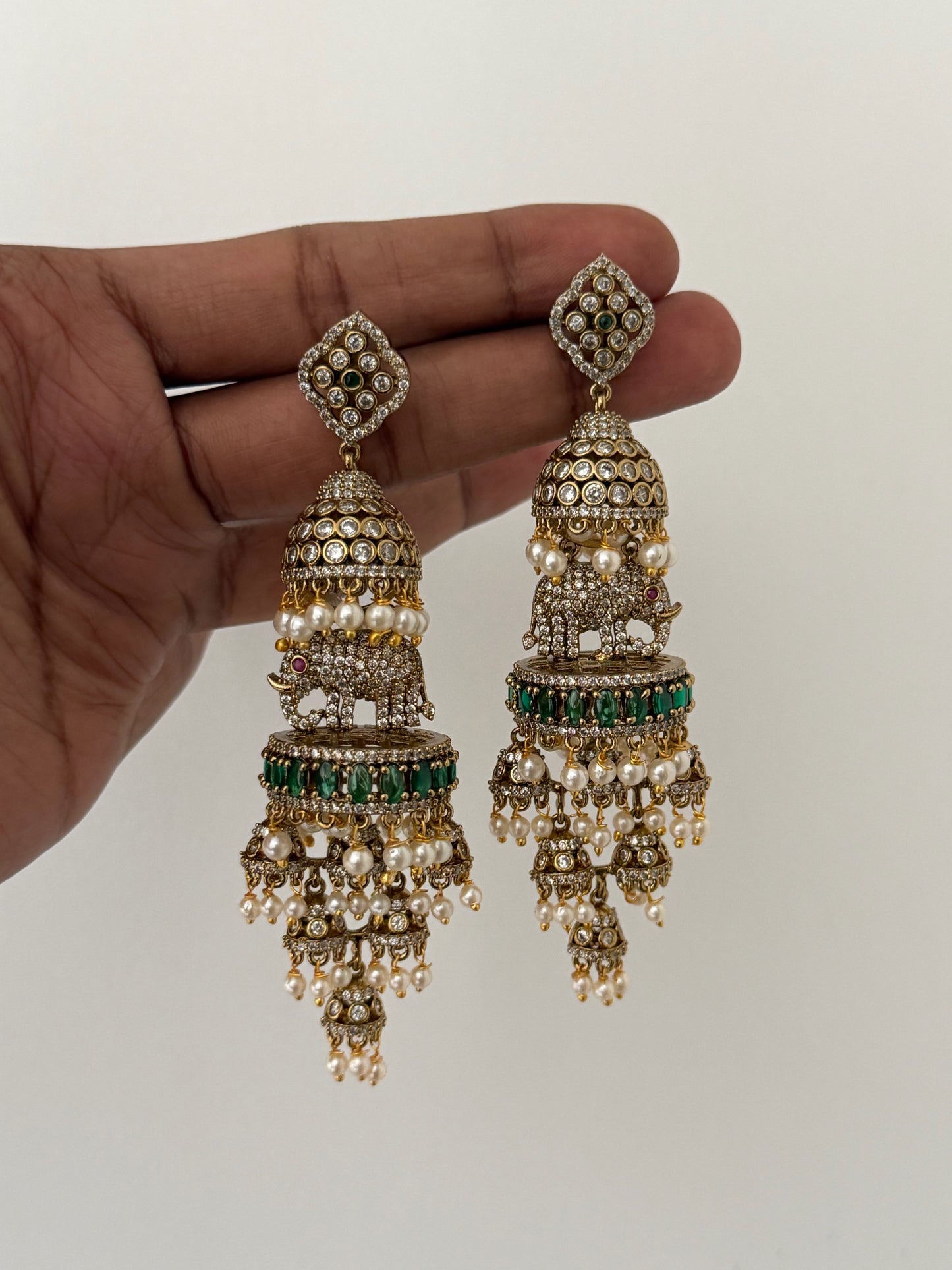 Royal Elephant Multi-Tier Jhumka Earrings – Premium Lightweight Grandeur with Emerald & Pearl Drops