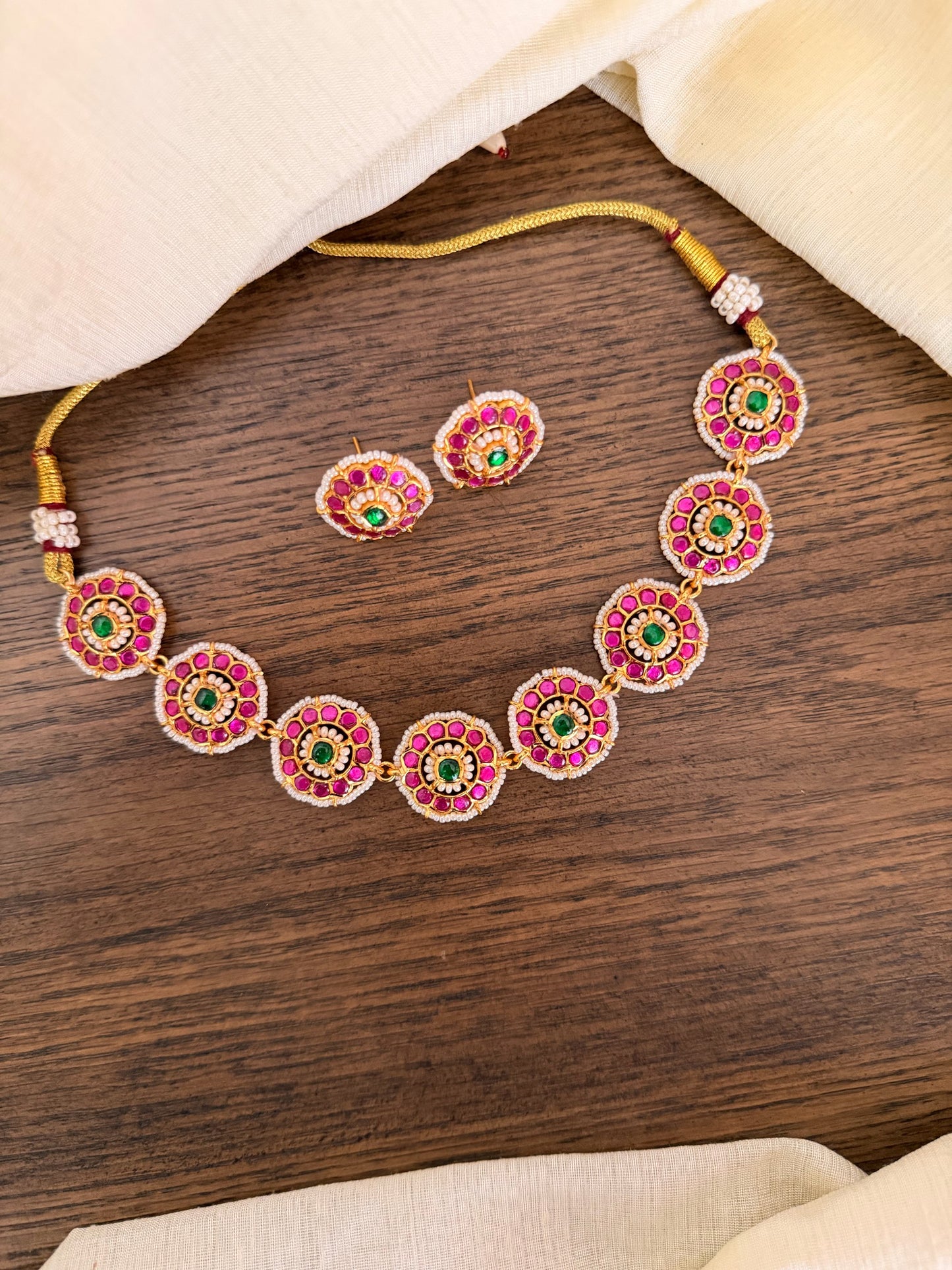 Jadau Kundan Necklace Set with Intricate Micro-Pearl Border & Floral Medallions