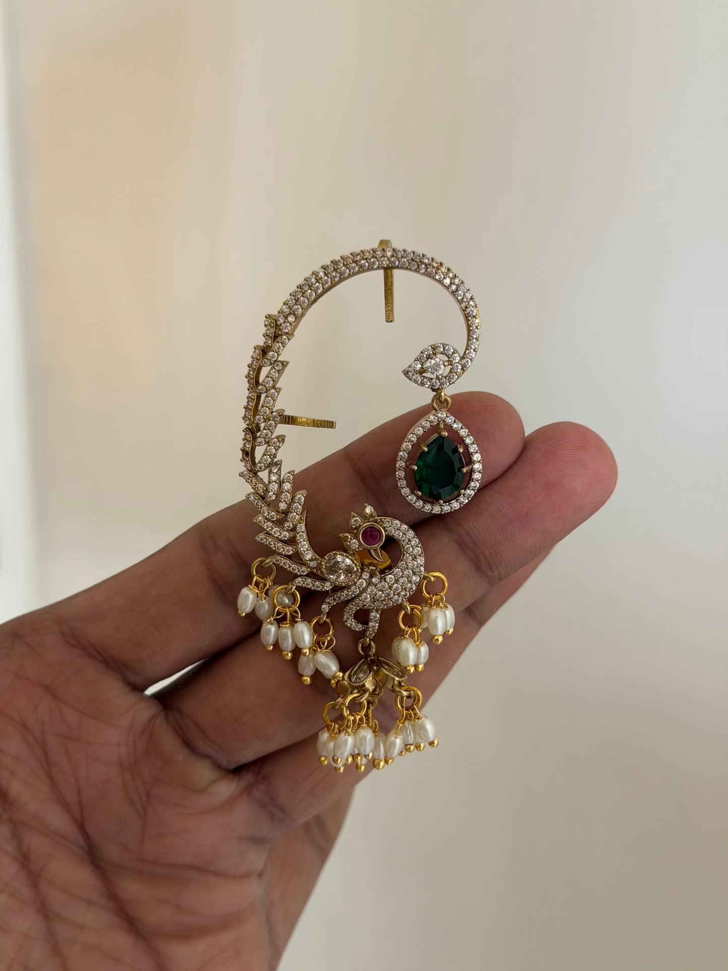 Luxury Peacock Earcuff Earrings with Premium Finish AD Stones
