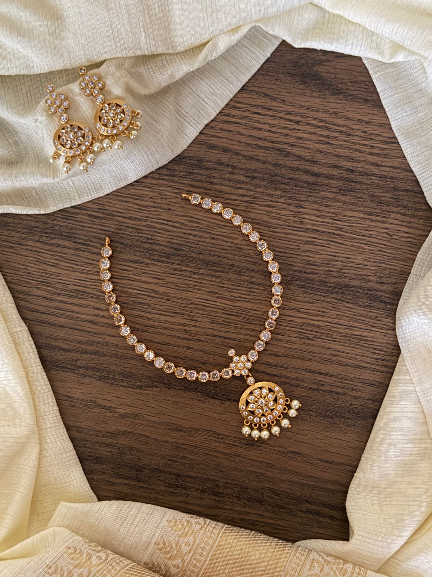Minimalist American Diamond (AD) Choker Necklace Set with Pearl Drops