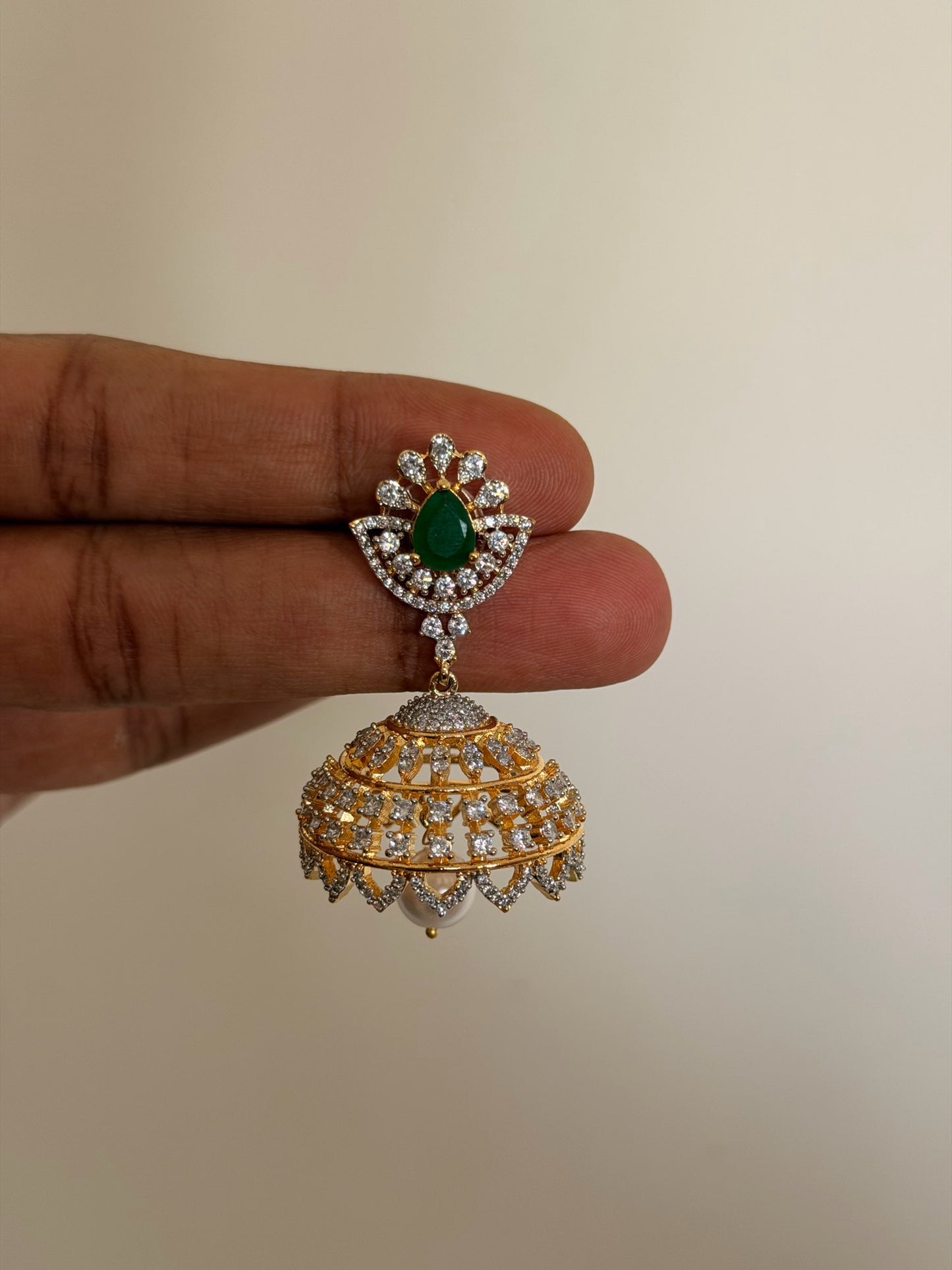 Emerald Crown Diamond-Look Bridal Jhumka Earrings