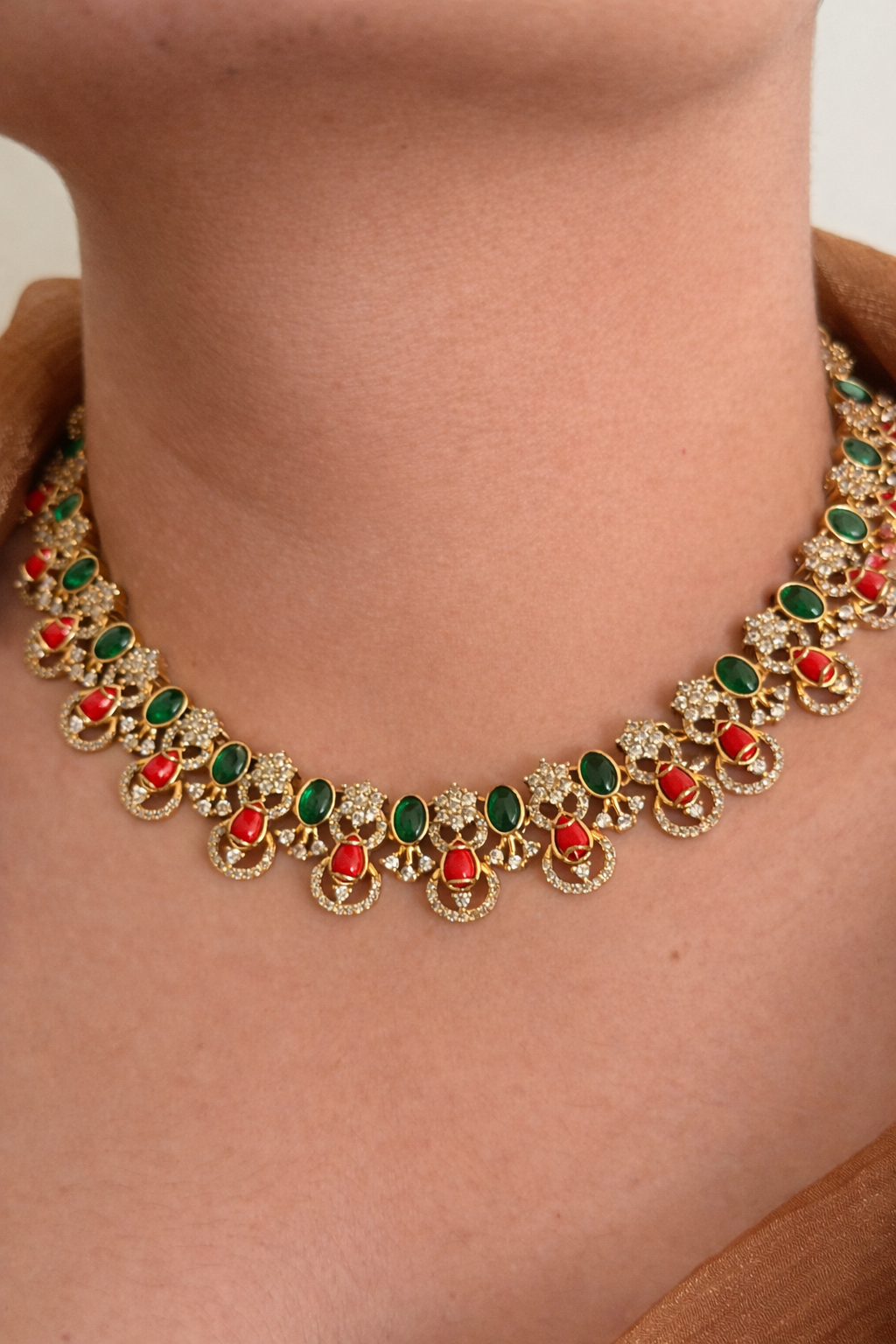 Premium Coral Motif Necklace Set in Brass – Red & Green