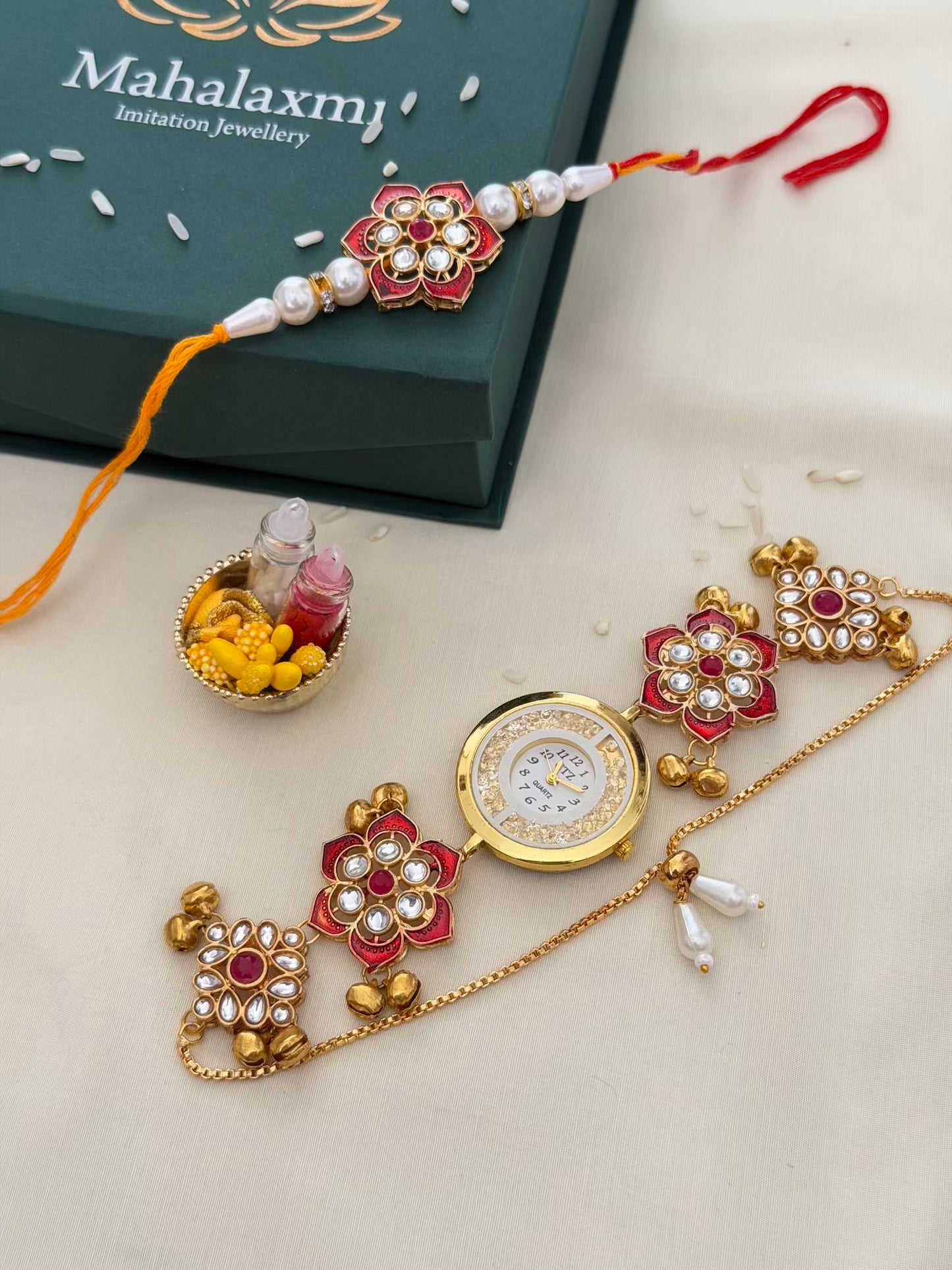Red Kundan Meenakari Rakhi & Glitter Dial Bracelet Watch Combo