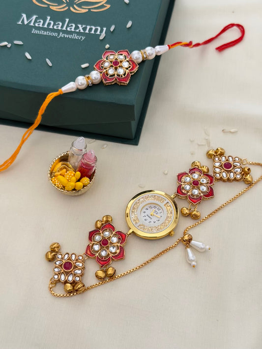 Red Kundan Meenakari Rakhi & Glitter Dial Bracelet Watch Combo