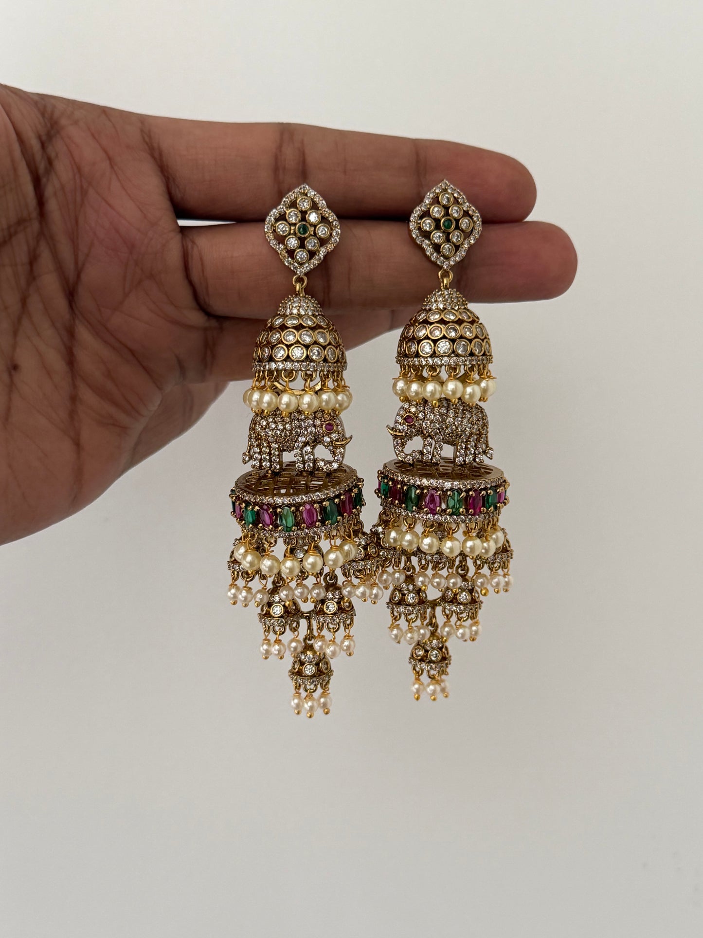 Royal Elephant Multi-Tier Jhumka Earrings – Premium Lightweight Grandeur with Emerald & Pearl Drops