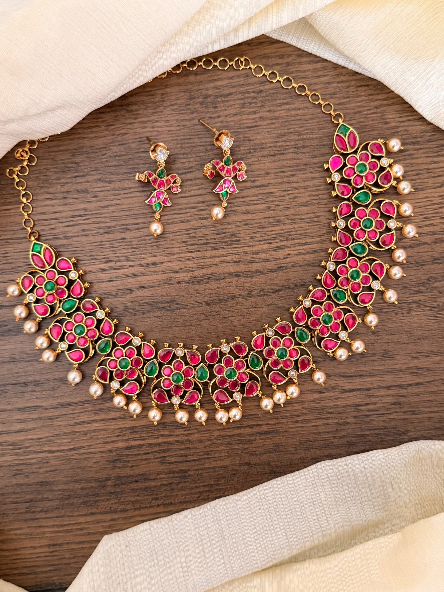 Grand Floral Jadau Kundan Necklace Set with Ruby & Emerald Stones