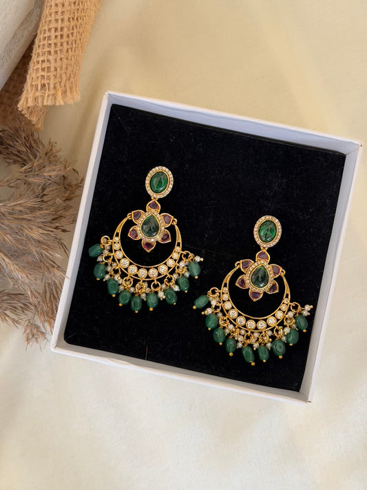 Emerald Oval Stud Chaandbali Earrings with Ruby Flower and Green Beads