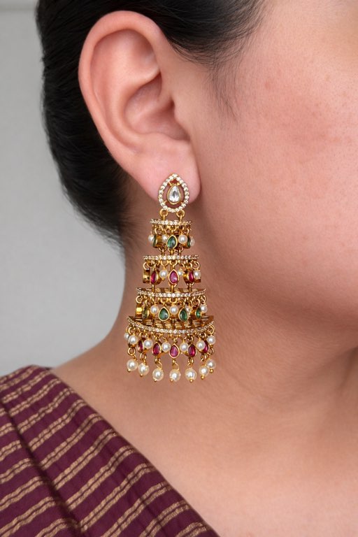 Luxury Tiered Long AD Stone Earrings