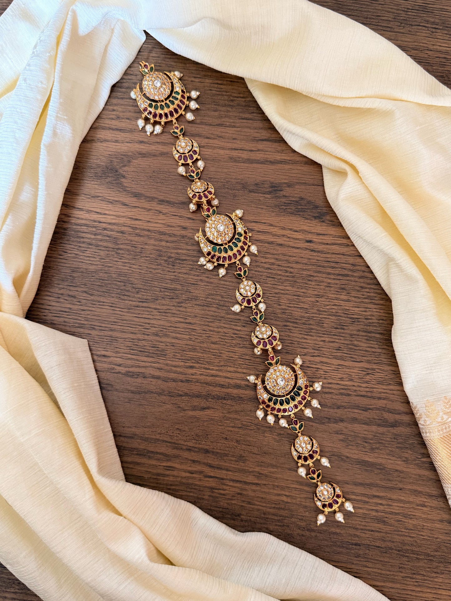 Traditional Gold-Look Long Jada with Pearl Drops & Temple Design | Bridal Hair Jewellery | MIJ Jewels