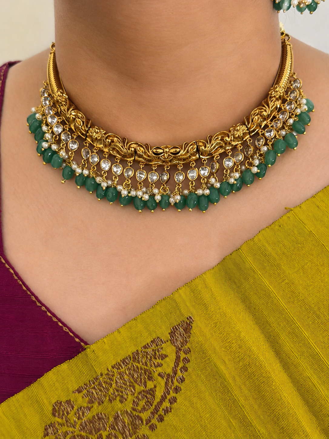 Green Beads Kanti Necklace Set with Jhumka