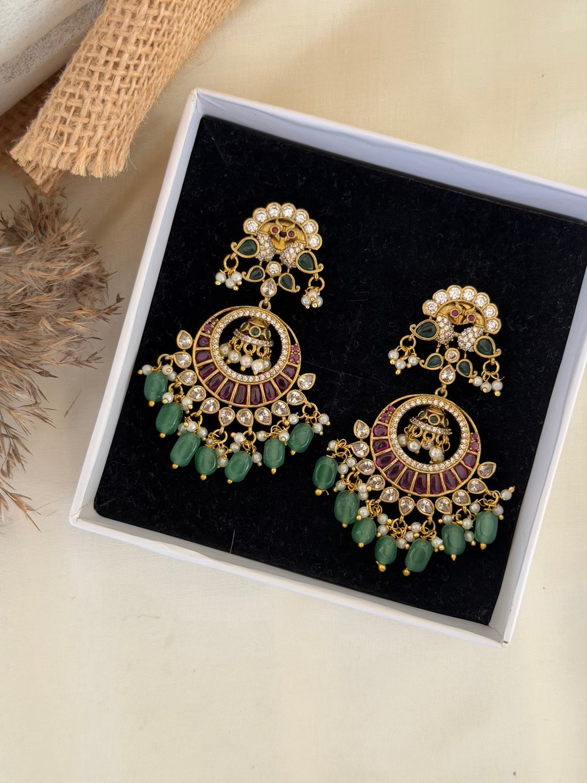 Twin Peacock Stud Chaandbali Earrings with Ruby Crescent and Jade Beads