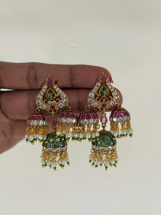 Triple Jhumka Peacock Earrings with Ruby Emerald Kemp Stones