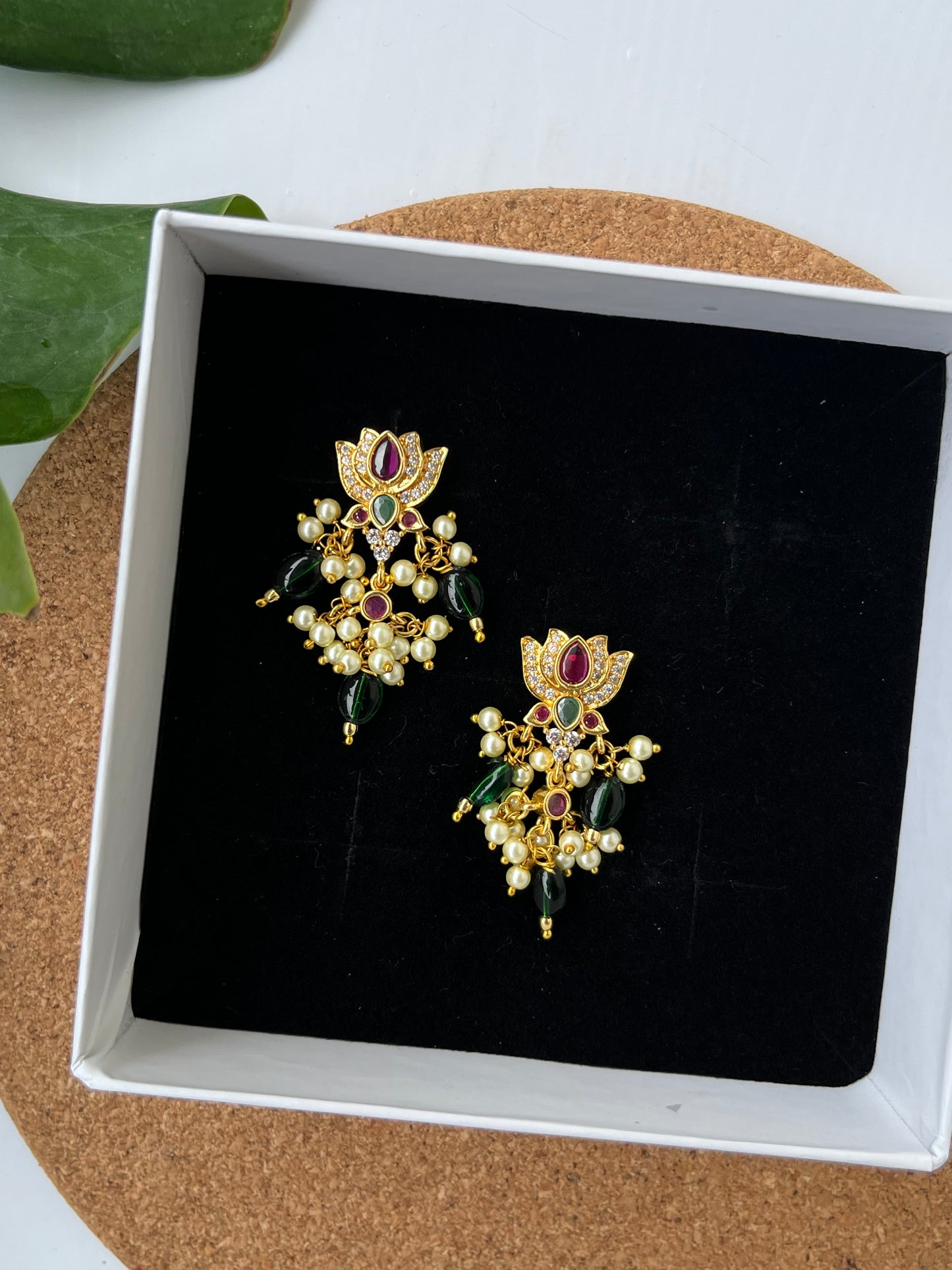 Lotus Hangings Earrings with pearls and green beads
